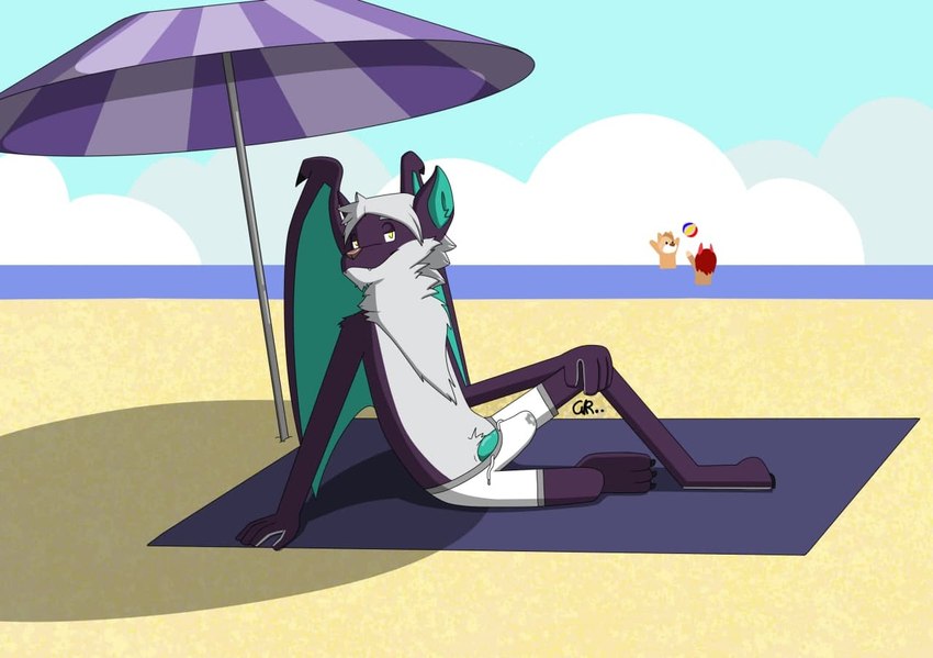 anthro ball beach bodily_fluids clothing cloud cum cum_on_clothing genital_fluids male parasol paws sea seaside sky solo stained_clothing swimming_trunks swimwear tenting turquoise_penis turquoise_wings water yellow_eyes granola_roo_kanga nairn bat mammal