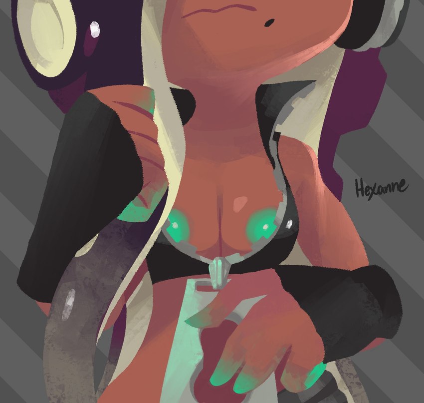 breasts dark_body dark_skin exposed_breasts female green_nipples markings mole_(marking) nipples pseudo_hair solo tentacle_hair tentacles zipper zipper_down hexanne nintendo splatoon marina_(splatoon) animal_humanoid cephalopod cephalopod_humanoid humanoid marine marine_humanoid mollusk mollusk_humanoid octarian octoling 2024 hi_res