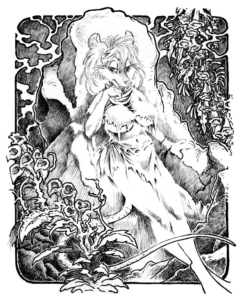 anthro big_breasts biped bottomwear breasts cheek_tuft clothing facial_tuft fangs female flower hair hatching leaning leaning_backward lidded_eyes loincloth long_hair looking_at_viewer midriff navel open_mouth outside plant smile solo tail teeth tuft lachland-nightingale mammal murid murine rat rodent absurd_res hi_res pen_(artwork) traditional_media_(artwork)