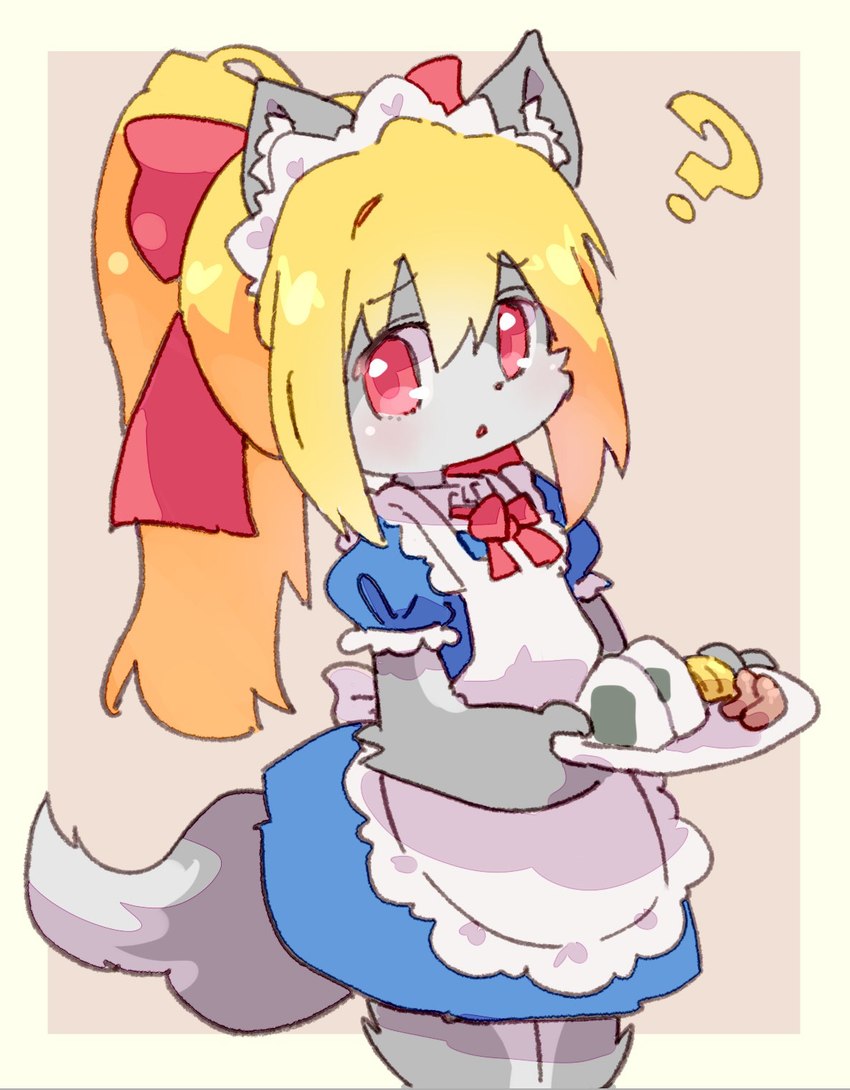 accessory anthro apron blonde_hair blue_clothing blue_dress clothing dipstick_tail dish dress female food fur grey_body grey_ears grey_fur hair hair_accessory hair_ribbon holding_dish inner_ear_fluff maid_apron maid_headdress maid_uniform markings meat neck_ribbon onigiri pink_background ponytail question_mark red_eyes red_ribbon ribbons rice sausage simple_background solo tail tail_markings tamagoyaki tuft uniform white_apron white_clothing white_face white_inner_ear_fluff white_tail_tip utubo futaba_channel nijiura_maids gaoranai-san canid canine canis mammal 2024 hi_res