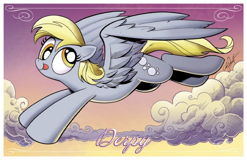 blonde_hair border cloud cutie_mark derp_eyes eyelashes feathered_wings feathers female feral flying grey_body grey_feathers hair hooves outside silly sky smile solo spread_wings text tongue tongue_out white_border wings yellow_eyes andy_price friendship_is_magic hasbro my_little_pony mythology derpy_hooves_(mlp) equid equine mammal mythological_creature mythological_equine pegasus 2012 portrait signature traditional_media_(artwork)