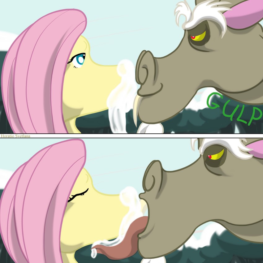 anthro bodily_fluids cum cum_in_mouth cum_inside drinking drinking_cum duo female genital_fluids licking male male/female onomatopoeia sound_effects swallowing text tongue tongue_out two_panel_image horatio_svetlana friendship_is_magic hasbro my_little_pony discord_(mlp) fluttershy_(mlp) equid equine horse mammal pony 1:1 hi_res