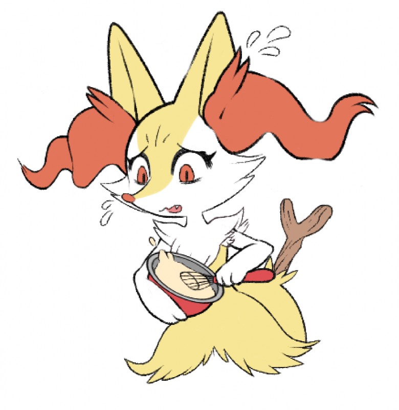 anthro bodily_fluids bowl container cooking cute_fangs female flying_sweatdrops fur inner_ear_fluff kitchen_utensils open_mouth simple_background solo stick sweat sweatdrop tools tuft whisk white_background box_(hajimeyou654) nintendo pokemon braixen canid canine generation_6_pokemon mammal pokemon_(species) 2019 digital_media_(artwork) hi_res