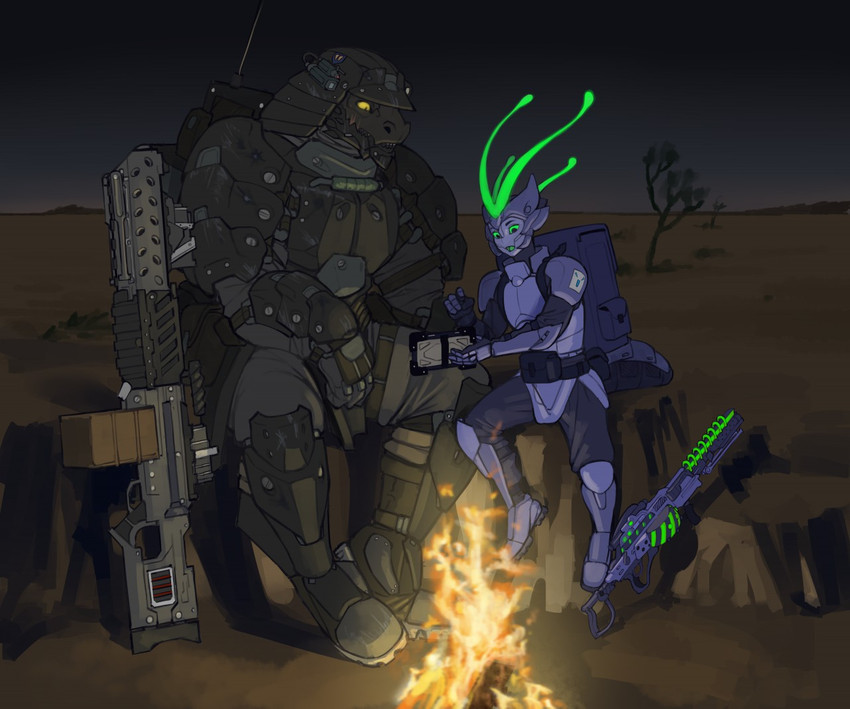 4_fingers antennae_(anatomy) anthro armor campfire claws clothed clothing cybernetics desert detailed_background duo fingers fully_clothed gun headgear helmet larger_male looking_at_object machine machine_gun male military night open_mouth outside plant ranged_weapon rifle sitting size_difference sky smaller_male tablet talking_to_another tree weapon t3gray derock gryllias arthropod bleitsell cyborg ensafir reptile scalie