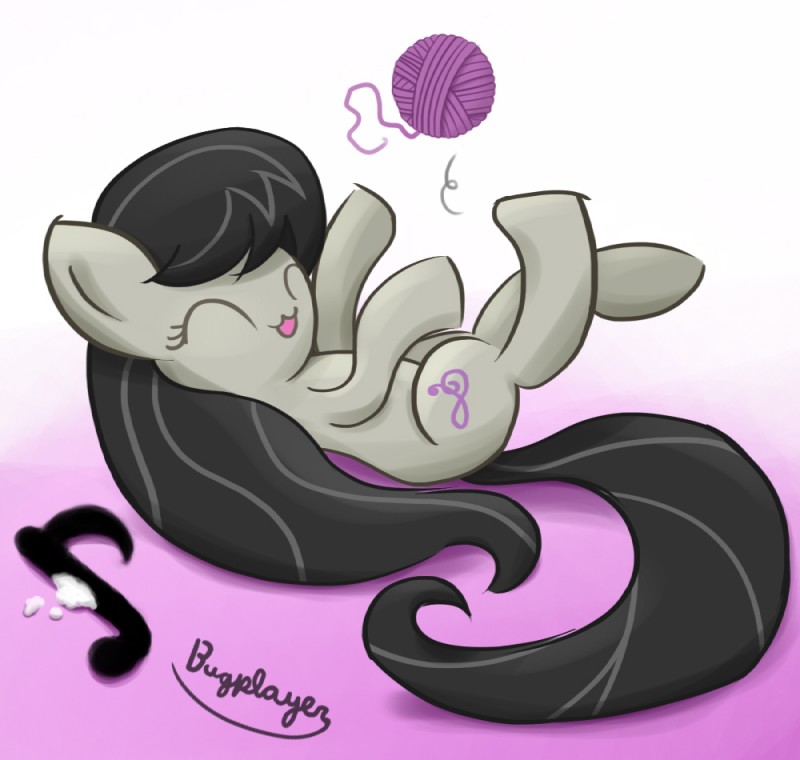 :3 ball_of_yarn black_hair cutie_mark eyes_closed female feral gradient_background hair lying on_back pillow playing_with_yarn simple_background smile solo yarn nauskills friendship_is_magic hasbro my_little_pony octavia_(mlp) earth_pony equid equine horse mammal pony signature