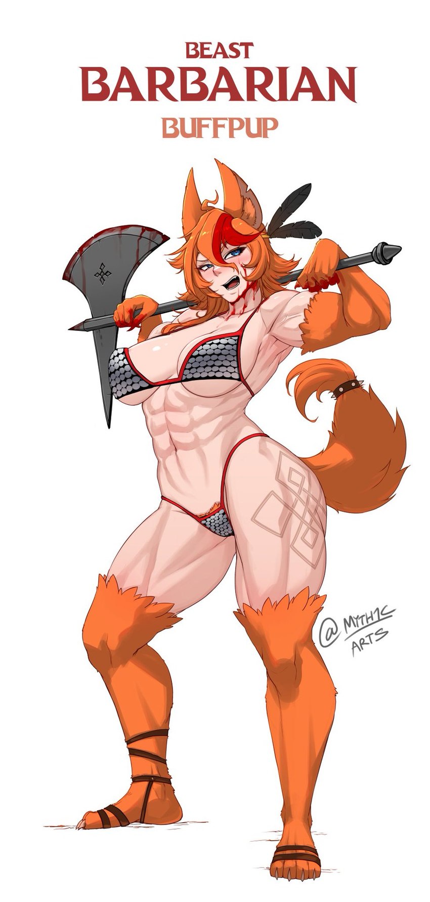 abs armor axe big_breasts bikini bikini_armor blood blood_on_face blood_on_hand blood_on_weapon blue_eyes bodily_fluids breasts chainmail chainmail_bikini clothing feather_hair_ornament feathers female fur hair highlights_(coloring) muscular muscular_female muscular_humanoid nipples orange_body orange_fur orange_hair pubes red_highlights solo swimwear tail text two-piece_swimsuit unconvincing_armor weapon myth1carts mythology vchiban vtuber buffpup animal_humanoid canid canid_humanoid canine canine_humanoid humanoid mammal mammal_humanoid mythological_canine mythological_creature werecanid werecanine werecreature werewolf hi_res