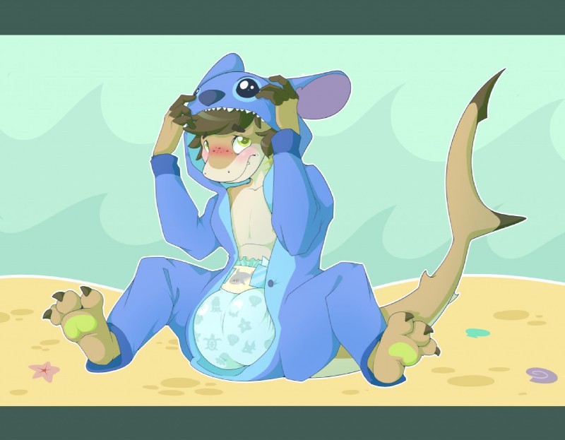 animal_onesie anthro beach biped blush brown_hair claws clean_diaper clothed clothing creature_print diaper exposed_diaper feet green_eyes hair looking_at_viewer male onesie open_onesie pattern_diaper print_diaper sand seashell seaside shell sitting solo wearing_diaper bubblepuppers disney lilo_and_stitch stitch_(lilo_and_stitch) ambient_sealife ambient_starfish asterozoan echinoderm fish marine shark starfish letterbox