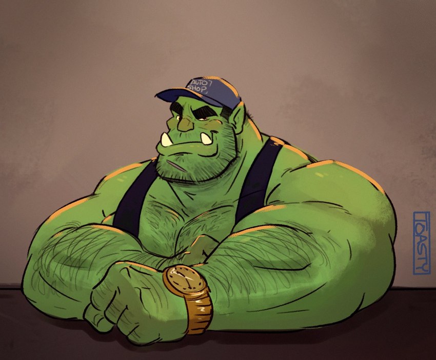 arm_hair body_hair chest_hair clock clothed clothing green_body hair hat headgear headwear male muscular muscular_male not_furry scar simple_background sitting solo teeth watch toastyfuzzbuns humanoid orc