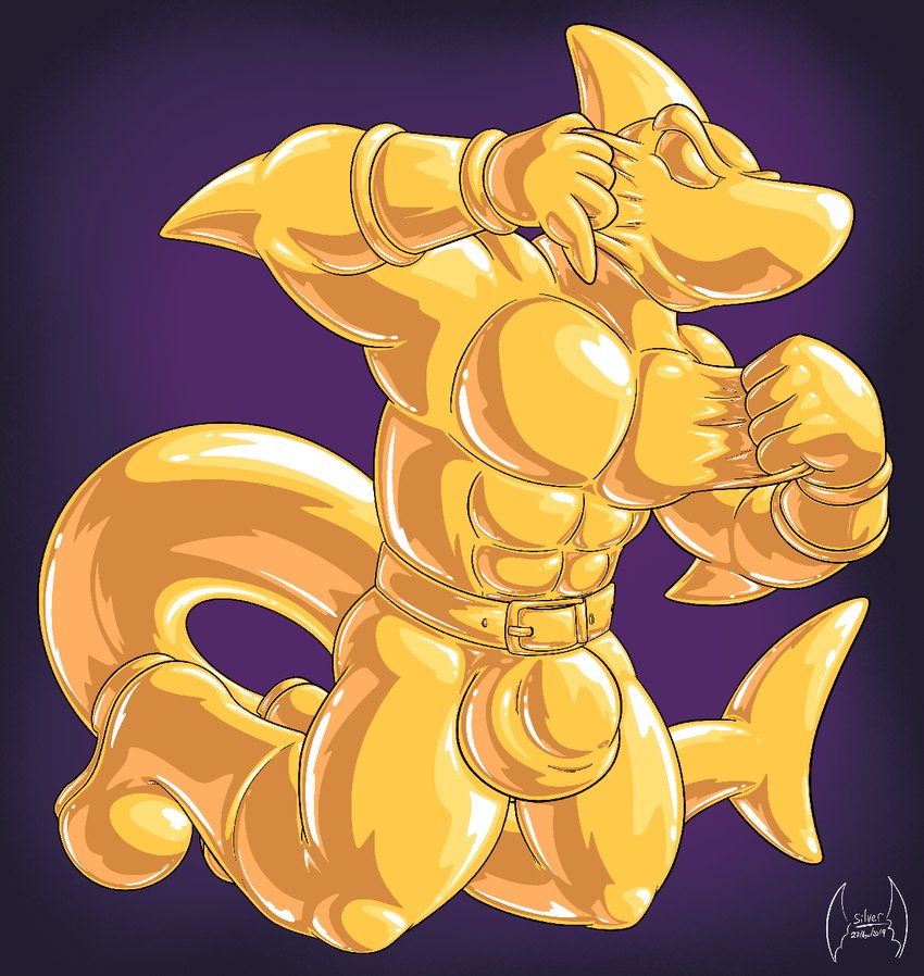 anthro armor belt biped boots bottomwear bracers bulge clothing collar fin footwear glistening gold_body latex latex_boots latex_clothing latex_footwear long_tail male mouthless muscular muscular_anthro muscular_male null_bulge pants shoes solo tail thick_tail soul-silver-dragon animate_inanimate fish living_latex marine shark 2019 hi_res