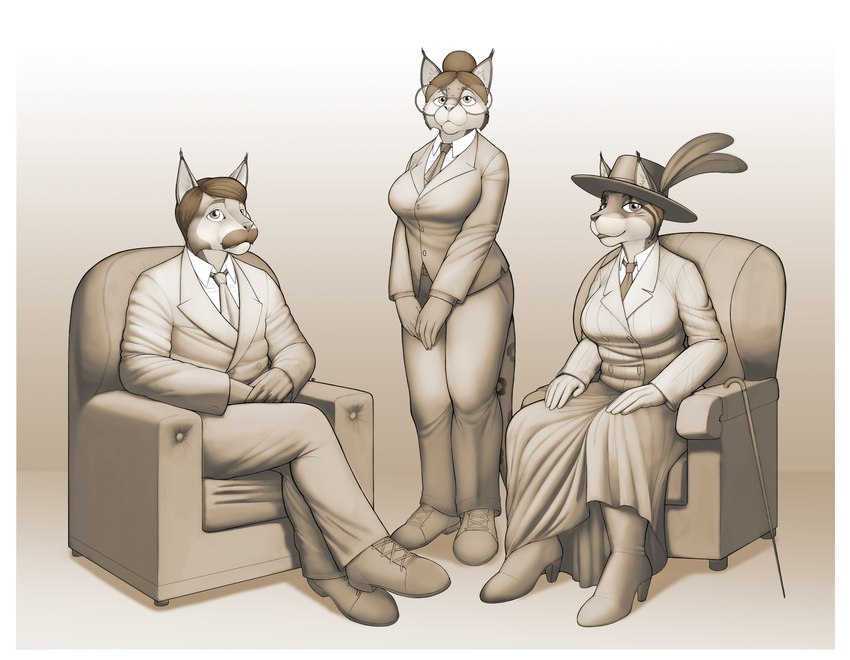 anthro armchair boots breasts chair clothing dipstick_ears ear_markings eyewear facial_hair family family_photo family_portrait female footwear furniture glasses group hair hair_bun high_heeled_boots high_heels looking_at_viewer male multicolored_ears mustache necktie on_chair round_glasses shoes short sitting sitting_on_chair standing suit three_piece_suit topwear trio vest ndragon3 bridgette_o'shane dara_o'shane fiadh_o'shane felid feline lynx lynxuki mammal 2023 absurd_res hi_res monochrome sepia daughter_(lore) father_(lore) father_and_child_(lore) father_and_daughter_(lore) mother_(lore) mother_and_child_(lore) mother_and_daughter_(lore) parent_(lore) parent_and_child_(lore) parent_and_daughter_(lore)