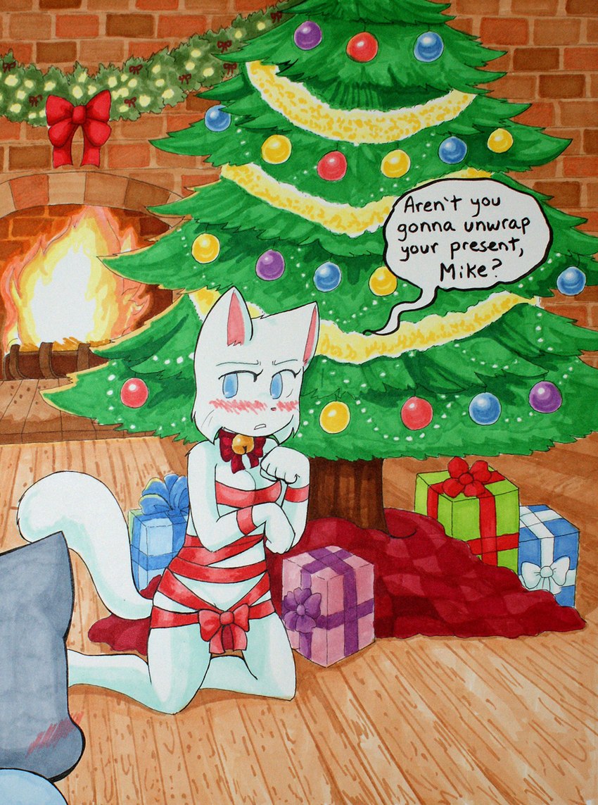 anthro bell blush breasts christmas_present christmas_tree duo female fireplace gift holidays jingle_bell male male/female plant ribbons solo text tree young young_anthro taeshi_(artist) bittersweet_candy_bowl christmas lucy_(bcb) mike_(bcb) domestic_cat felid feline felis khao_manee korat_cat mammal english_text hi_res