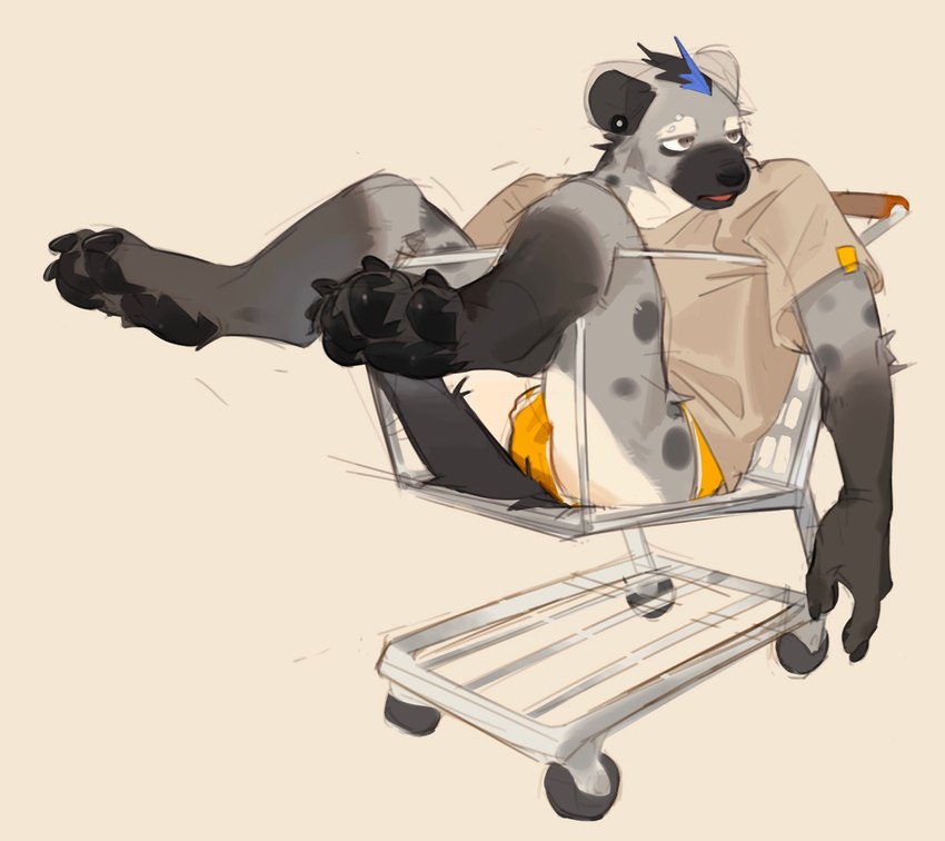 anthro black_hair blue_hair bulge cart clothing ear_piercing eyebrow_piercing facial_piercing feet fur grey_body grey_fur hair hindpaw looking_away male markings multicolored_body multicolored_fur multicolored_hair paws piercing pose shirt solo spots spotted_body spotted_fur tail topwear two_tone_body two_tone_fur two_tone_hair underwear duolai8 arknights hypergryph studio_montagne spot_(arknights) hyena mammal spotted_hyena 2024 hi_res