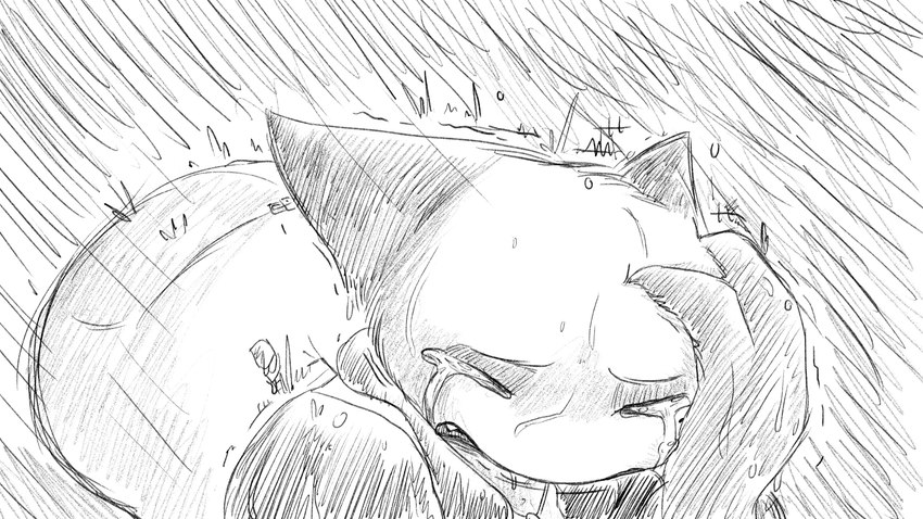 anthro bodily_fluids clothed clothing crying duffel_bag eyes_closed female head_in_hands raining storm tears wet dragonweirdo animal_crossing nintendo olivia_(animal_crossing) domestic_cat felid feline felis mammal 16:9 greyscale hi_res monochrome widescreen