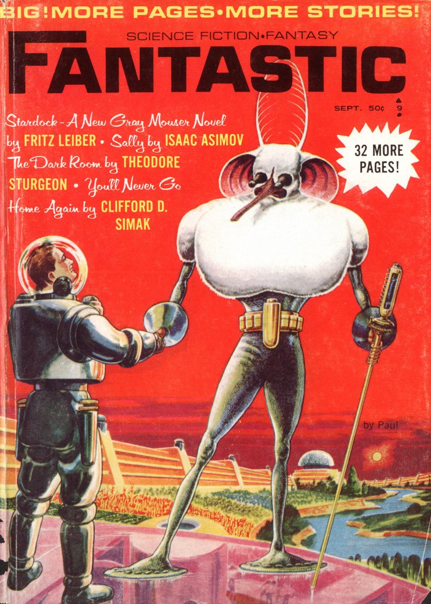 ambiguous_gender antennae_(anatomy) belt big_ears big_feet brown_hair duo eyestalks feet hair holster issac_asimov male outside sky spacesuit sun text trunk frank_r._paul fantastic_universe alien human humanoid mammal martian 1965 20th_century ancient_art english_text hi_res