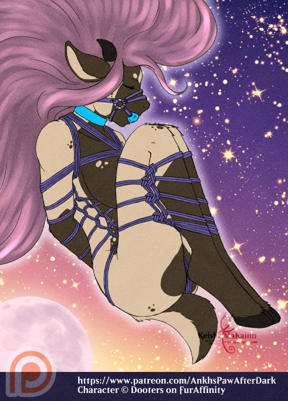 anthro ball_gag bdsm bondage bound breasts collar female gag gagged hooves horn moon patreon_logo prints restraints rope rope_bondage solo star submissive submissive_female text website_logo keisha_makainn inkedfur patreon kerrina bovid caprine goat mammal 2016 hi_res url