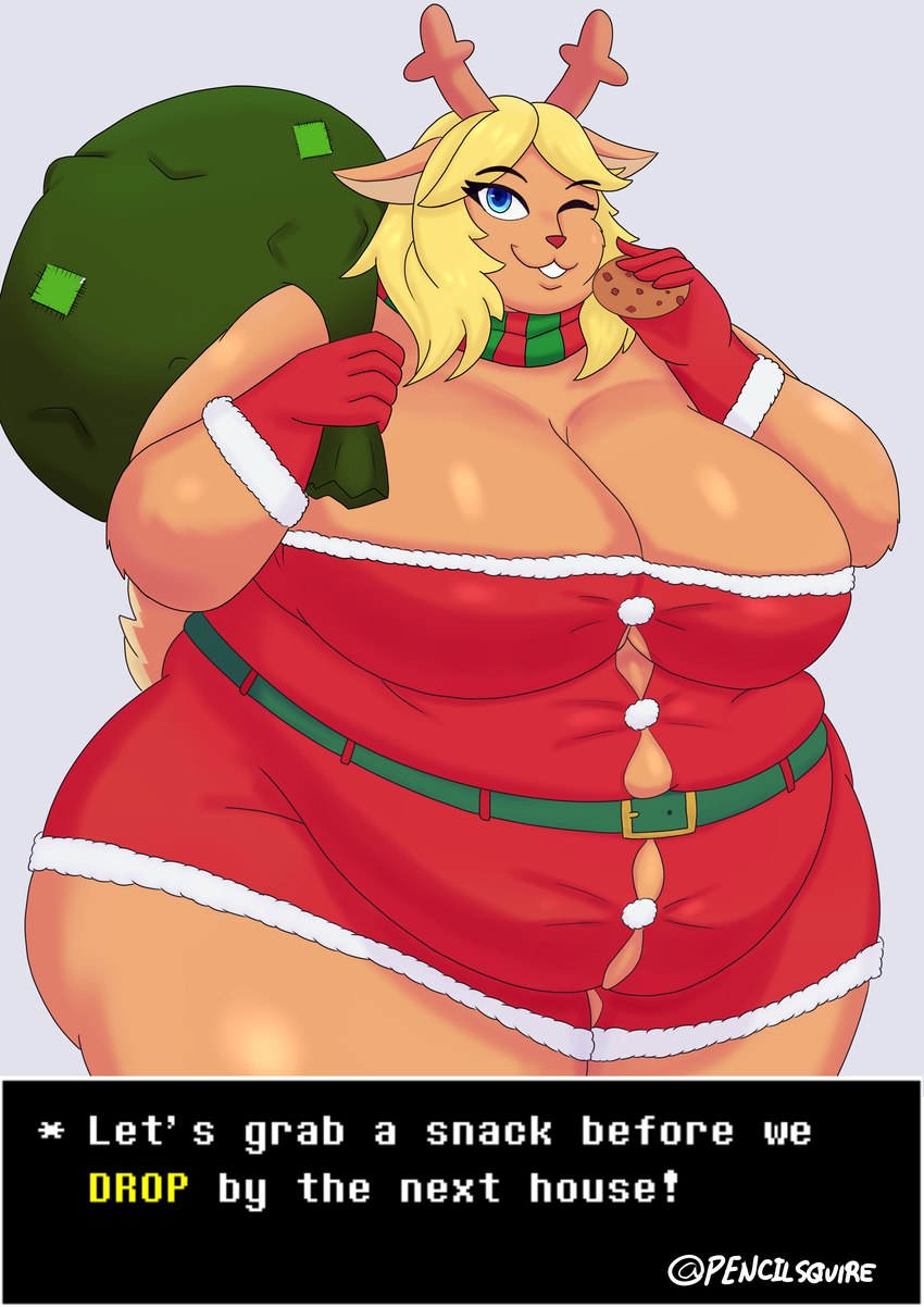 anthro antlers arm_tuft belly belt big_belly big_breasts big_butt black_eyebrows blonde_hair blue_eyes breasts butt button_(fastener) chubby_cheeks cleavage clothed clothing cookie dialogue double_chin elbow_tuft eyebrows facial_tuft female food fur gloves grey_background hair handwear holding_cookie holding_food holding_object holidays horn huge_belly huge_breasts huge_butt huge_thighs hyper hyper_butt hyper_thighs looking_at_viewer obese obese_anthro obese_female one_eye_closed overweight overweight_anthro overweight_female pattern_clothing pattern_scarf red_clothing red_gloves red_handwear red_nose santa's_sack santa_dress scarf short_tail simple_background smile smiling_at_viewer solo standing straining_buttons striped_clothing striped_scarf stripes tail tan_body tan_fur tan_tail text text_box thick_thighs tuft pencilsquire christmas deltarune undertale_(series) noelle_holiday deer lightner mammal new_world_deer reindeer 2024 absurd_res artist_name digital_media_(artwork) english_text hi_res portrait signature three-quarter_portrait