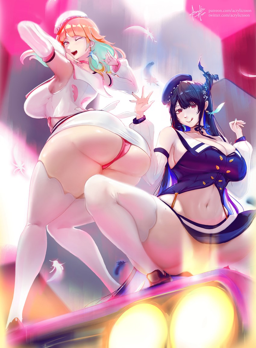 big_breasts big_butt black_hair breasts butt clothing crouching duo feathers female female/female hair horn huge_breasts legwear light_body light_skin orange_hair panties stockings underwear acrylictoon hololive hololive_en vtuber nerissa_ravencroft takanashi_kiara horned_humanoid humanoid absurd_res hi_res