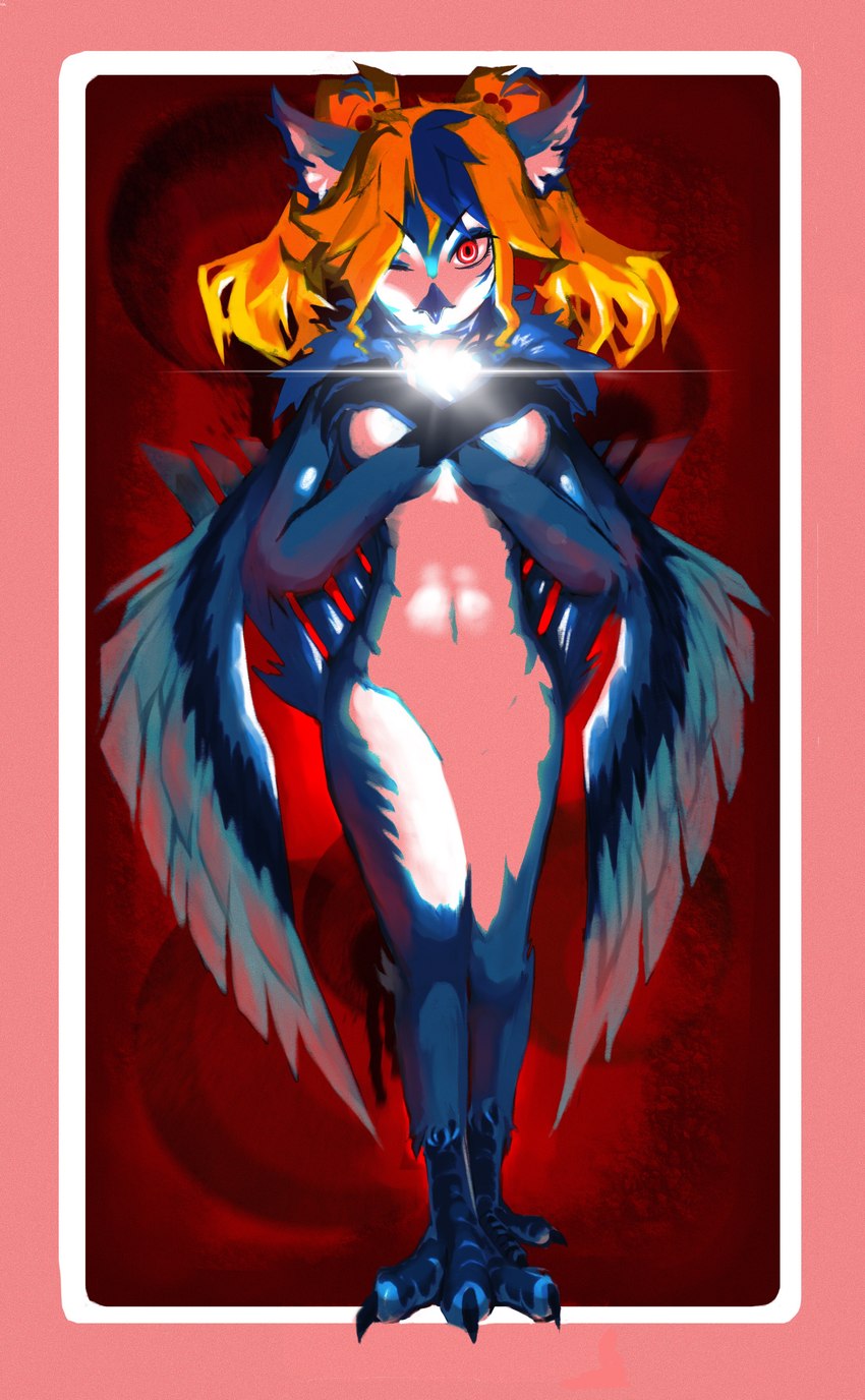 anthro biped blonde_hair blue_body breasts crossed_arms featureless_breasts featureless_crotch feet female fur hair nude paws solo standing talons toes devilbeing_(artist) lidigeneer_(lidigeneer) avian bird owl absurd_res digital_media_(artwork) digital_painting_(artwork) full-length_portrait hi_res portrait restricted_palette