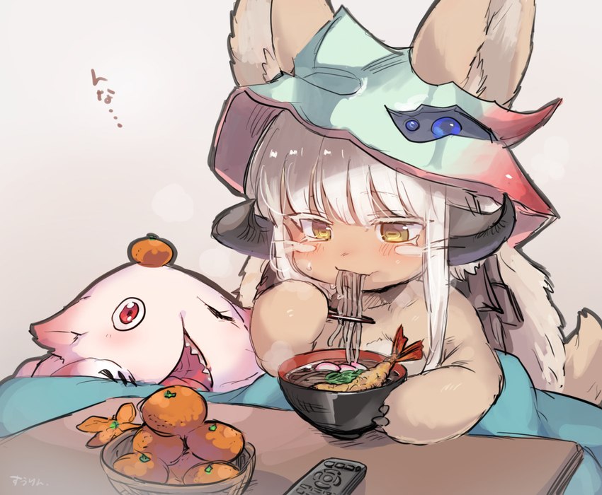 ambiguous_gender anthro blush blush_lines bowl brown_body brown_fur chopsticks clothed clothing container controller duo eating female feral flat_chested food fruit fruit_peel fur furniture headgear headwear horizontal_pupils horn kemono kotatsu missing_eye noodles object_on_head open_mouth orange_(fruit) plant pupils ramen red_eyes remote_control shrimp_(food) sitting table teeth tempura text vegetable yellow_eyes suurin_2 made_in_abyss mitty nanachi lagomorph mammal narehate digital_media_(artwork) japanese_text shaded translation_request