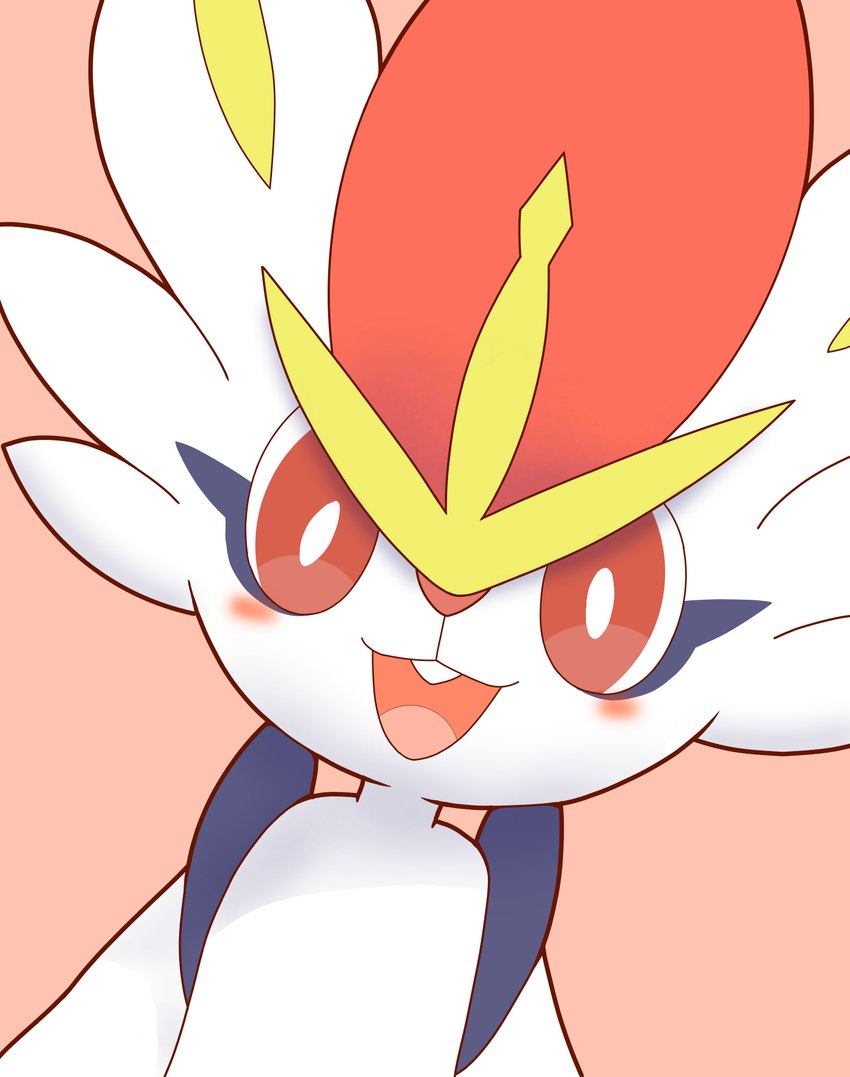 ambiguous_gender anthro blush buckteeth close-up fur looking_at_viewer open_mouth open_smile pink_background pink_tongue red_eyes simple_background smile solo teeth tongue white_body white_fur yellow_inner_ear amatsukitsune nintendo pokemon cinderace generation_8_pokemon pokemon_(species) hi_res