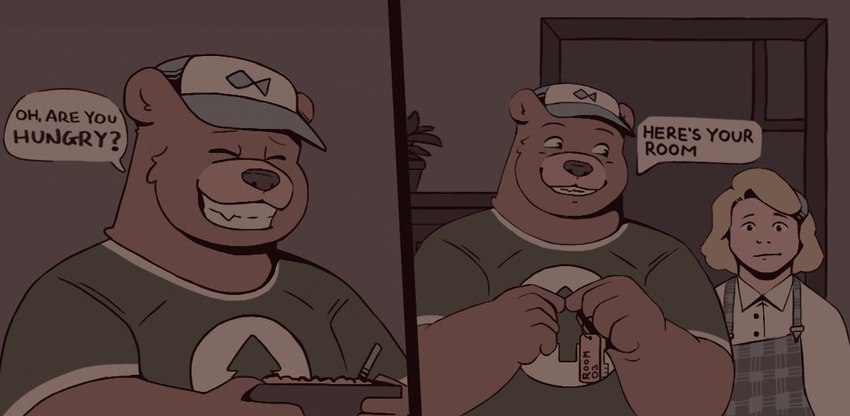 anthro biped brown_body clothed clothing duo eyes_closed female hat headgear headwear humanoid_hands inside male shirt text topwear thebearalliance bear_and_breakfast goldilocks hank_(bear_and_breakfast) bear brown_bear human mammal ursine 2022 comic english_text multiple_images