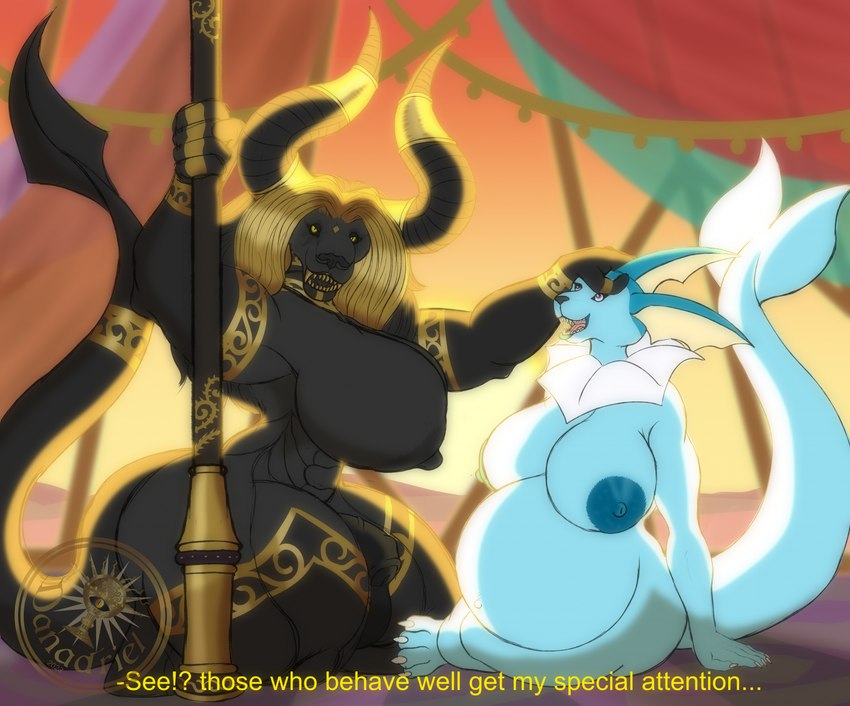 anthro areola balls big_breasts black_areola black_nipples blue_areola blue_nipples breasts duo female genitals gynomorph intersex intersex/female muscular muscular_anthro nipples penis pregnant staff text danadriel nintendo pokemon bovid bovine eeveelution generation_1_pokemon mammal pokemon_(species) vaporeon artist_name hi_res