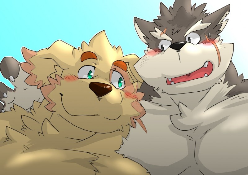 blush claws duo fur hover_hand male male/male multicolored_body multicolored_fur pecs scar slightly_chubby two_tone_body two_tone_fur yellow_body yellow_fur yukikazefactory lifewonders tokyo_afterschool_summoners cu_sith_(tas) moritaka_(tas) bird_dog canid canine canis domestic_dog golden_retriever hunting_dog mammal retriever 2019