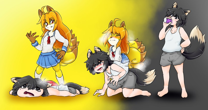 anthro beverage black_hair blonde_hair blush bottomwear clothing female fur gender_transformation grey_eyes hair male mtf_transformation multi_tail multicolored_hair red_eyes school_uniform shirt shorts simple_background solo species_transformation tail tank_top topwear transformation uniform yellow_body yellow_fur nageruamado fan_character canid canine fox fox_spirit humanoid mammal hi_res