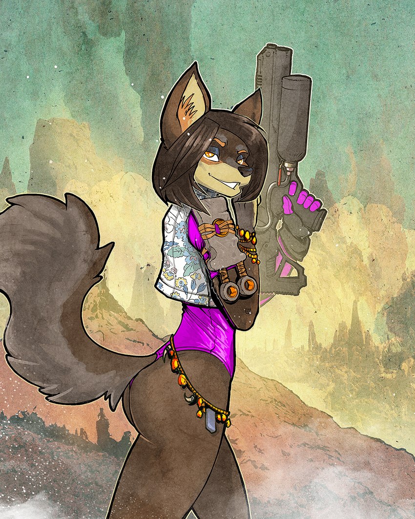 5_fingers amber_eyes anthro brown_body brown_fur brown_hair butt clothed clothing detailed_background eyebrows female fingers fur furgonomics hair holding_object holding_weapon inner_ear_fluff latex latex_clothing latex_skinsuit long_hair looking_at_viewer partially_clothed post-apocalyptic ranged_weapon rubber_clothing skinsuit solo standing suit tight_clothing topwear tuft weapon ashpond azure_(satoshi3199) canid canine canis human mammal wolf 2022 4:5 digital_media_(artwork) hi_res