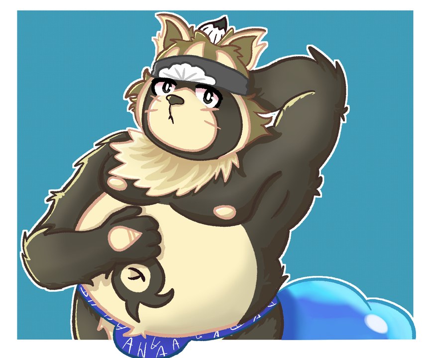 anthro belly bulge fur male nipples simple_background solo zamir503 lifewonders live_a_hero shoen canid canine mammal raccoon_dog tanuki hi_res