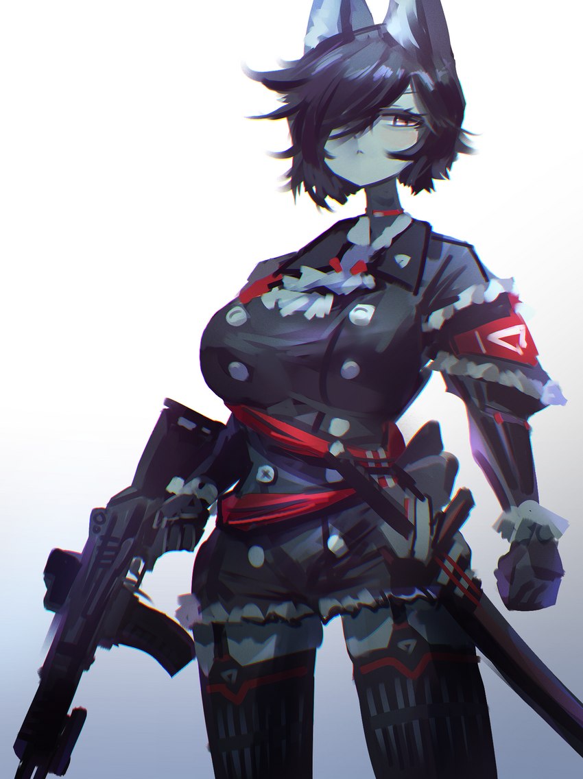 ak-12 anthro big_breasts biped black_hair breasts choker clothed clothing female fist gun hair jewelry legwear melee_weapon necklace one_eye_obstructed orange_eyes ranged_weapon simple_background solo sword thigh_highs weapon utterangle hi_res