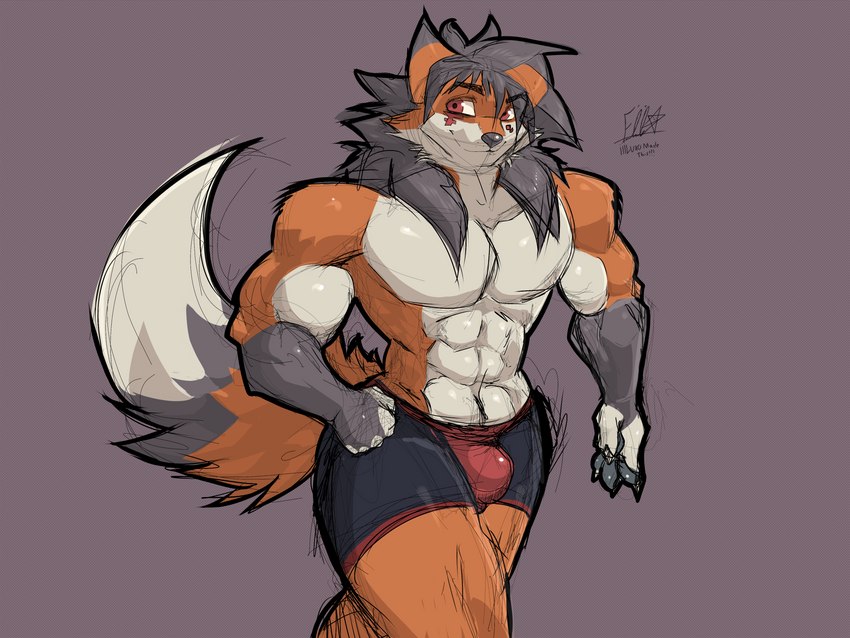 abs anthro athletic bedroom_eyes black_hair boxer_briefs bulge clothed clothing detailed_bulge fitness fluffy fluffy_tail fur fur_markings glistening glistening_body glistening_skin hair long_hair male markings muscular muscular_anthro muscular_male narrowed_eyes pawpads pecs red_eyes seductive simple_background smile solo tail tan_background underwear underwear_only iaian_luxo_fox jackson_stullinger_(iaian_luxo_fox) canid canine fox mammal 2022 4:3 absurd_res hi_res