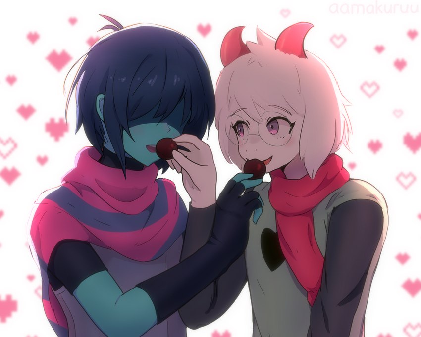 2_horns ambiguous_gender anthro blue_body blue_hair blush candy chocolate clothing dessert duo eyewear feeding_each_other food fur glasses hair handwear heart_symbol horn male pink_eyes pink_horn scarf simple_background white_body white_fur aamakuruu deltarune undertale_(series) kris_(deltarune) ralsei bovid caprine goat human mammal