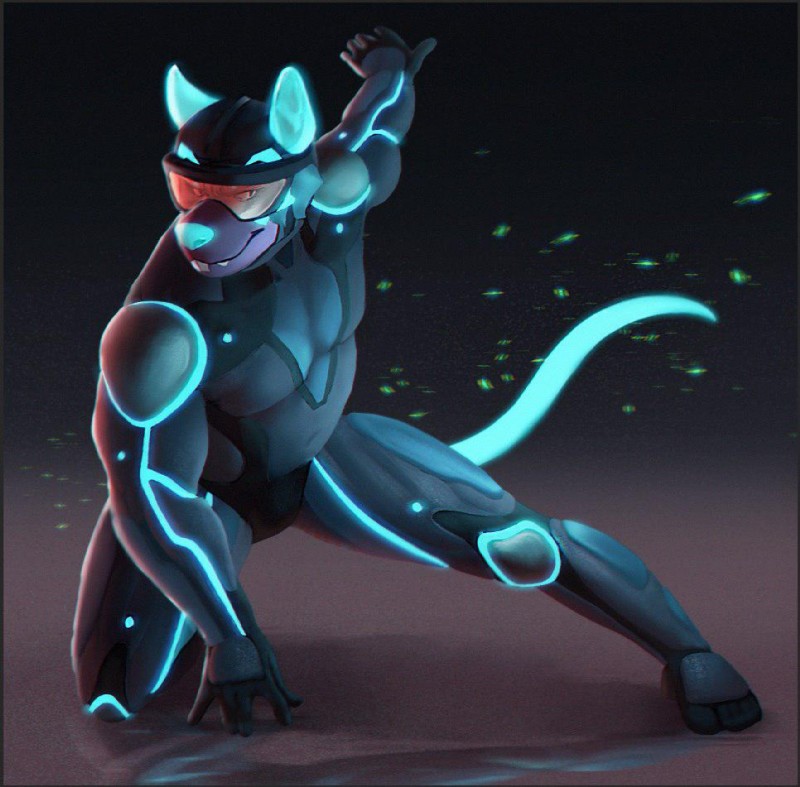 anthro armor biped bodysuit clothed clothing eyewear futuristic glowing goggles kneeling machine male neon_lights pose power_armor science_fiction simple_background skinsuit smile solo suit tight_clothing bopsy baresenio ratsenio mammal murid murine rat rodent blue_theme digital_media_(artwork)