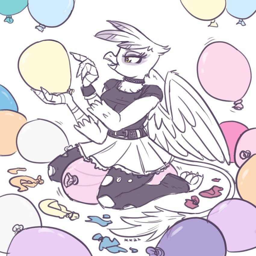 anthro anthrofied balloon balloon_popping beak belt bottomwear breasts choker clothed clothing eyebrows eyelashes feather_hair feathered_wings feathers female holding_balloon holding_object imminent_popping inflatable jewelry kneeling legwear necklace open_beak open_mouth popping pseudo_hair skirt solo stockings tail tail_tuft tail_under_skirt toeless_legwear torn_clothing torn_legwear torn_stockings tuft wings wristband yellow_eyes king-kakapo friendship_is_magic hasbro my_little_pony mythology gilda_(mlp) avian gryphon mythological_avian mythological_creature 1:1 2022 hi_res sketch