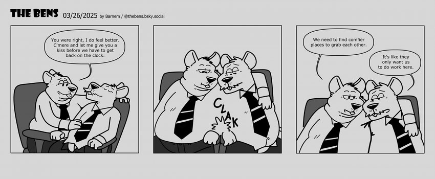 anthro bottomwear clothing dialogue duo male necktie overweight overweight_male pants shirt sitting text topwear barnem mammal murid murine rat rodent 2025 comic english_text hi_res monochrome multiple_scenes