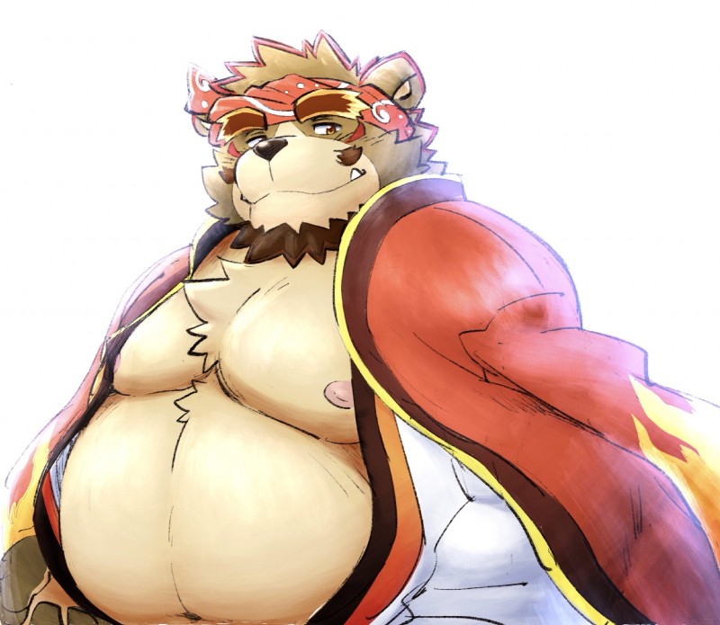 anthro belly clothed clothing male moobs navel nipples overweight overweight_anthro overweight_male simple_background solo white_background gokrakstyle sengoku_puzzle saigou_shirou bear mammal 2019 hi_res