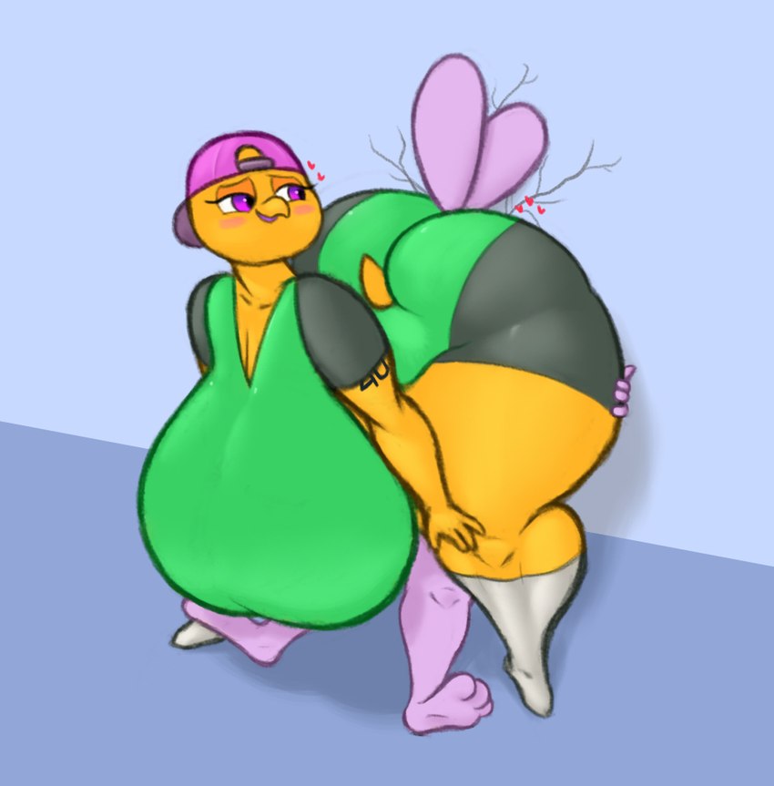 anthro big_breasts big_butt blush breaking_wall breasts butt clothing duo face_in_ass female footwear hat headgear headwear heart_symbol huge_breasts huge_butt male male/female orange_body purple_body purple_eyes socks thick_thighs jovi_cap jovi_cap_(oc) gravelin lagomorph leporid lizard mammal rabbit reptile scalie