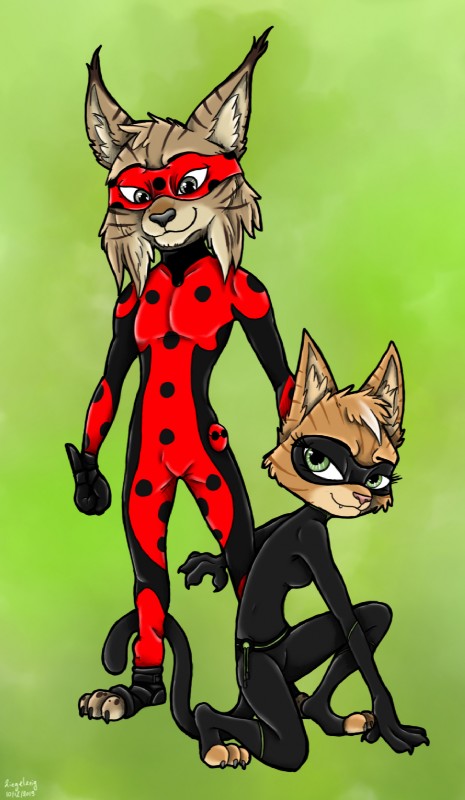 clothing costume duo green_eyes hero skinny ziegelzeig bad_guy_cafe disney miraculous_ladybug zootopia cat_noir colt_lasky lady_noir miraculous_ladybug_(character) mister_bug sarha_solar arthropod beetle cucujoid domestic_cat felid feline felis insect ladybug lynx mammal hi_res