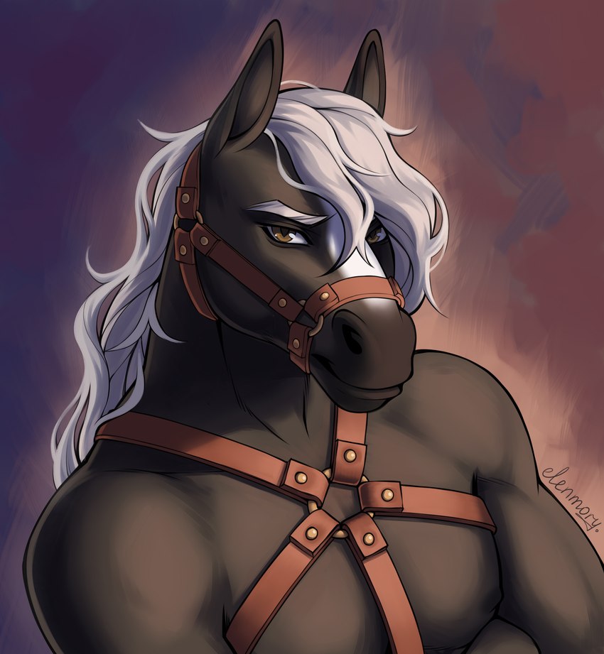 anthro fur gaze hair heavy male muscular solo stable straps tack white_hair elenmory draft_horse equid equine horse mammal hi_res portrait tagme