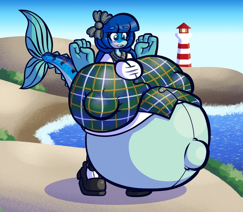 anthro bangs big_breasts blue_body blue_eyes blue_hair bottomwear bow_ribbon breasts bulging_breasts clothing dress erect_nipples female fin fish_tail footwear hair huge_breasts hyper hyper_breasts hyper_pregnancy lighthouse navel nipple_outline nipples non-mammal_breasts outie_navel pattern_clothing pattern_topwear plaid plaid_clothing plaid_topwear ponytail pregnant scarf sea shoes skirt solo tartan_bottomwear topwear vest water sprucy mackenzie_(sprucy) fish mackerel marine scombrid scombriform