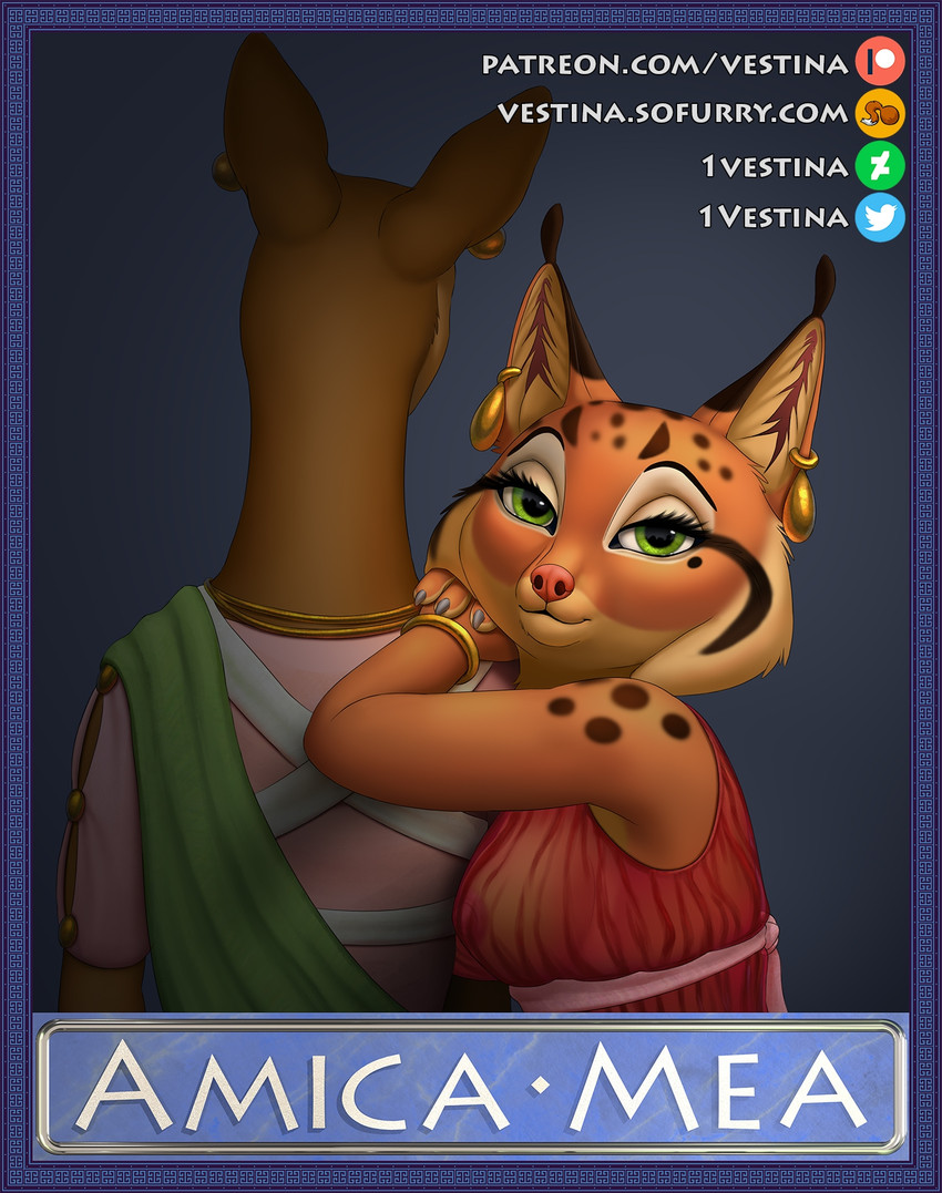 4_fingers anthro blue_background bracelet brown_body brown_fur claws clothed clothing dress duo ear_piercing ear_ring female female/female fingers fur gold_(metal) gold_jewelry green_eyes inner_ear_fluff jewelry looking_at_viewer looking_forward markings mole_(marking) mole_under_eye necklace nipples orange_body orange_fur piercing ring_piercing simple_background smile smiling_at_viewer spots spotted_body spotted_fur text title translucent translucent_clothing tuft vestina amica_mea laelia_(vestina) valeria_(vestina) deer felid feline lynx mammal new_world_deer roe_deer comic cover cover_art cover_page english_text hi_res url