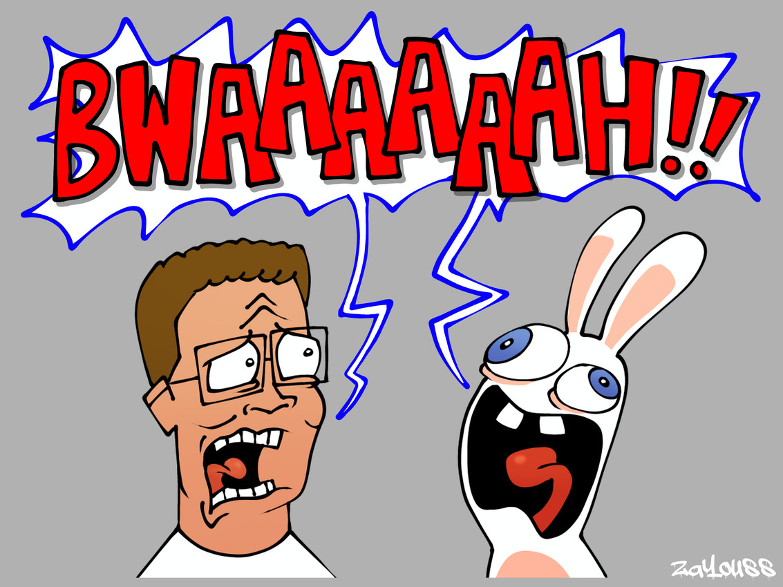 ambiguous_anthro ambiguous_gender anthro black_eyes black_eyewear black_glasses blue_eyes brown_hair buckteeth clothed clothed_human clothed_male clothing derp_eyes dialogue duo exclamation_point eyewear frown frowning_at_another fur glasses hair light long_ears looking_at_another male male_human multicolored_body noseless nude nude_ambiguous nude_anthro open_frown open_mouth rectangular_glasses red_tongue screaming short_hair speech_bubble tan_body tan_inner_ear tan_skin teeth text tongue topwear two_tone_body white_body white_clothing white_fur white_topwear wide_eyed wrinkles wrinkly_face zayouss king_of_the_hill raving_rabbids rayman_(series) ubisoft hank_hill human lagomorph mammal rabbid 2025 4:3 absurd_res artist_name colored digital_drawing_(artwork) digital_media_(artwork) hi_res lighting
