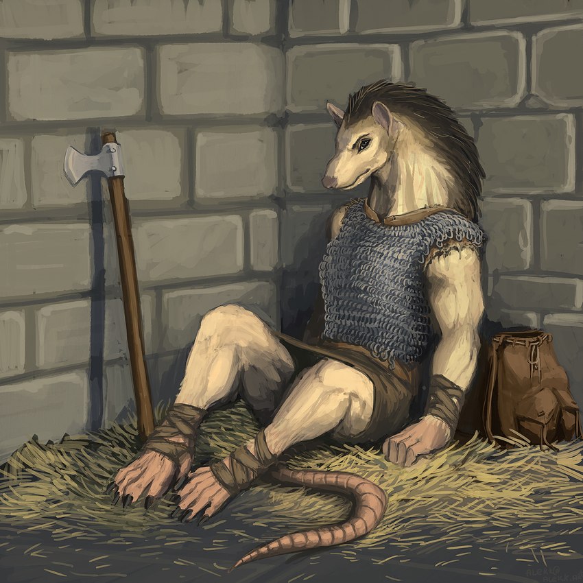 against_surface against_wall anthro axe backpack battle_axe black_claws black_mane bottomwear breasts brick_wall chainmail claws clothing feet female foot_wraps front_view fur grey_eyes hairless_hands hay inside long_snout looking_at_viewer mane pink_nose sitting skirt snout solo tan_body tan_fur thick_neck wall_(structure) warrior wraps wrist_wraps alekksandar conditional_dnp mammal murid murine rat rodent 1:1 2022 hi_res