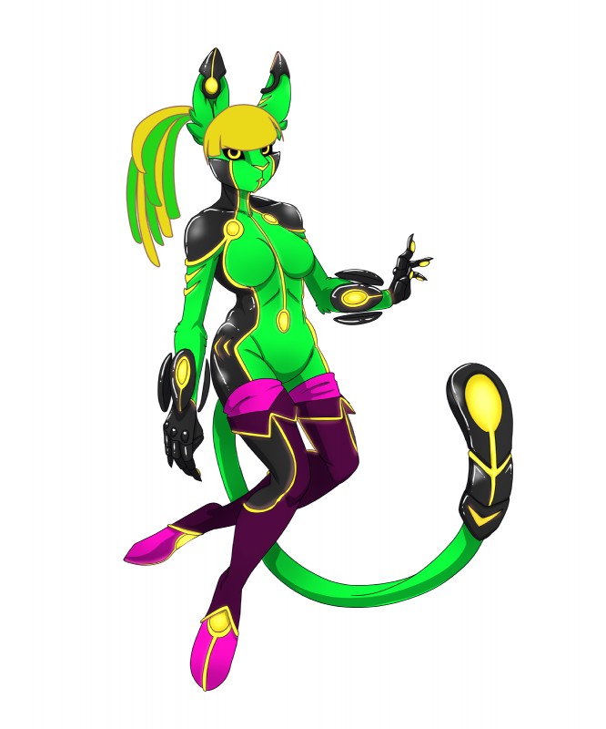 anthro blonde_hair clothing female fur green_body green_fur green_hair hair legwear long_tail looking_at_viewer machine multicolored_hair simple_background solo sparklefur stockings tail two_tone_hair white_background yellow_eyes yellow_nose ravindra rona robot 5:6 absurd_res colorful_theme hi_res