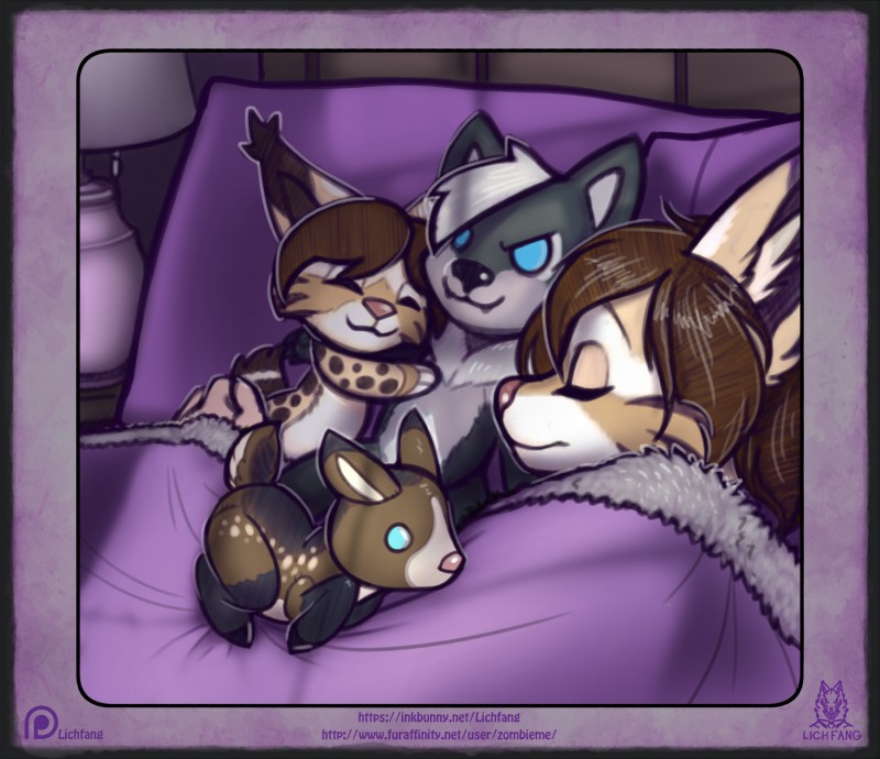 anthro bed female furniture happy night peaceful plushie sleeping lichfang nightdancer_(character) parfait_(nightdancer) zaire_(nightdancer) canid canine canis deer felid feline lynx mammal new_world_deer white-tailed_deer wolf hi_res