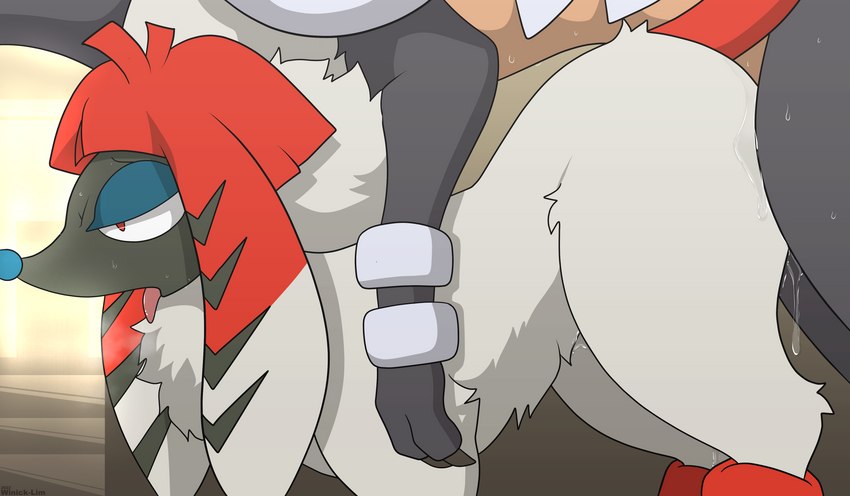 ambiguous_gender bodily_fluids doggystyle duo eyeshadow female female_focus feral from_behind_position makeup male male/ambiguous male/female raised_tail sex side_view sweat tail tongue tongue_out winick-lim nintendo pokemon furfrou generation_6_pokemon kabuki_trim_furfrou mega_evolution mega_houndoom pokemon_(species) 2022 absurd_res digital_drawing_(artwork) digital_media_(artwork) hi_res