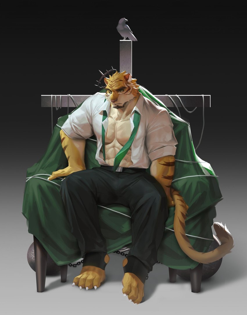 abs anthro clothed clothing fur hair male muscular muscular_anthro muscular_male partially_clothed pecs solo stripes wball felid mammal pantherine tiger digital_media_(artwork) hi_res