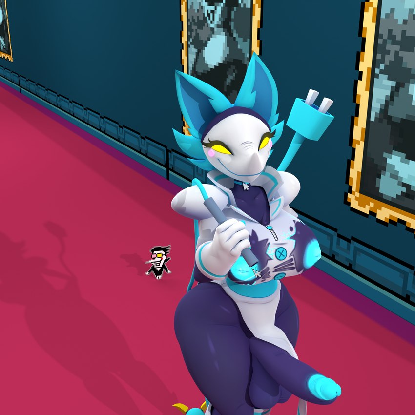 anthro big_breasts blue_body blue_fur blush breasts cable_tail clothed clothing female fur genitals gloves glowing gynomorph handwear intersex mouse_cursor partially_clothed penis simple_background solo torn_clothing zipper cryptiacurves goosin blender_cycles deltarune undertale_(series) spamton_g._spamton tasque_(cryptiacurves) tasque_manager felid mammal 1:1 3d_(artwork) blender_(artwork) digital_media_(artwork) hi_res