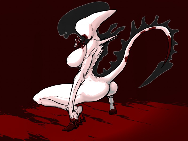 big_breasts big_butt blood bodily_fluids breasts butt female not_furry red_background simple_background solo white_body white_skin kumaneko alien_(franchise) prometheus_(franchise) alien alien_humanoid humanoid monster monstrous_humanoid neomorph xenomorph 4:3 hi_res